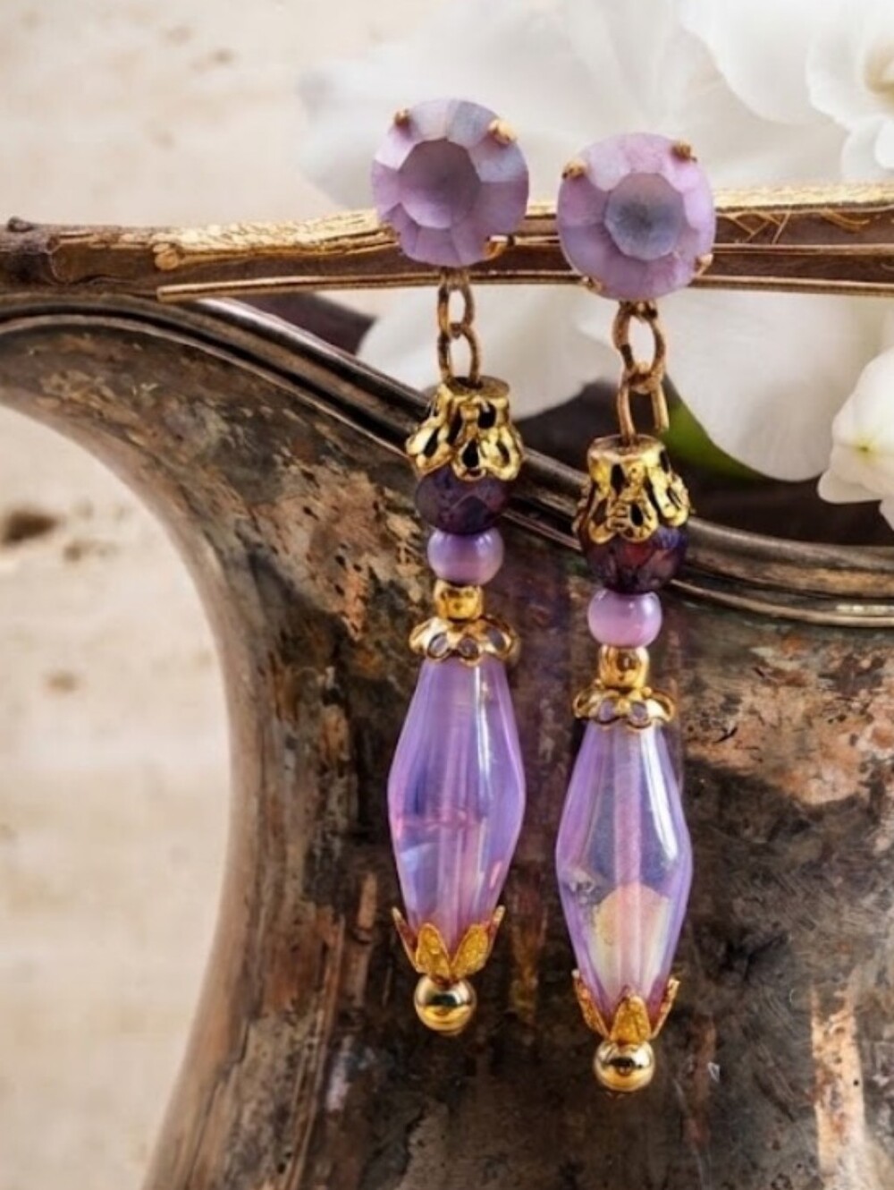 Victorian Lavender Opal Iridescent Glass & Swarovski Crystal In Gold  Earrings